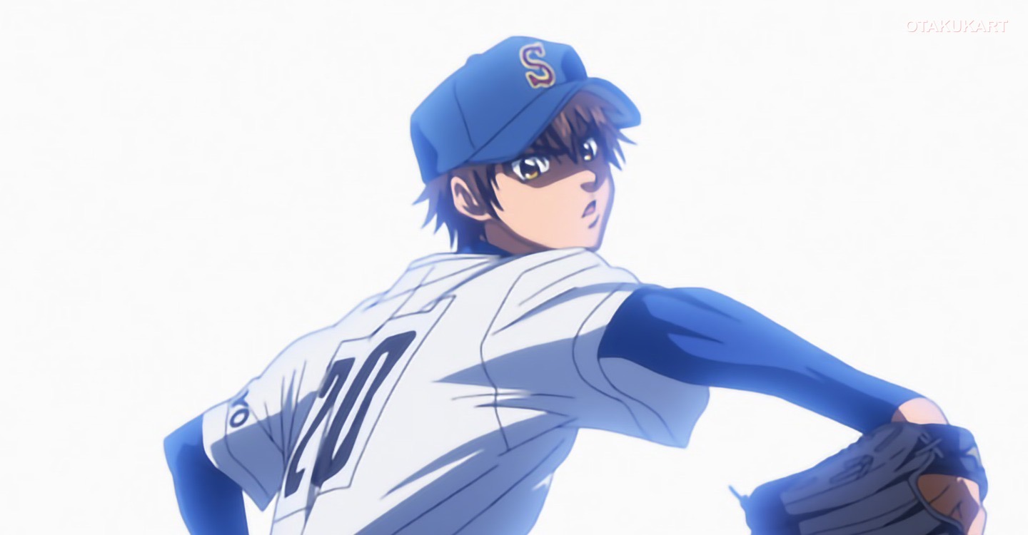 Póster del anime con los jugadores del instituto Seido sobre el campo de béisbol.