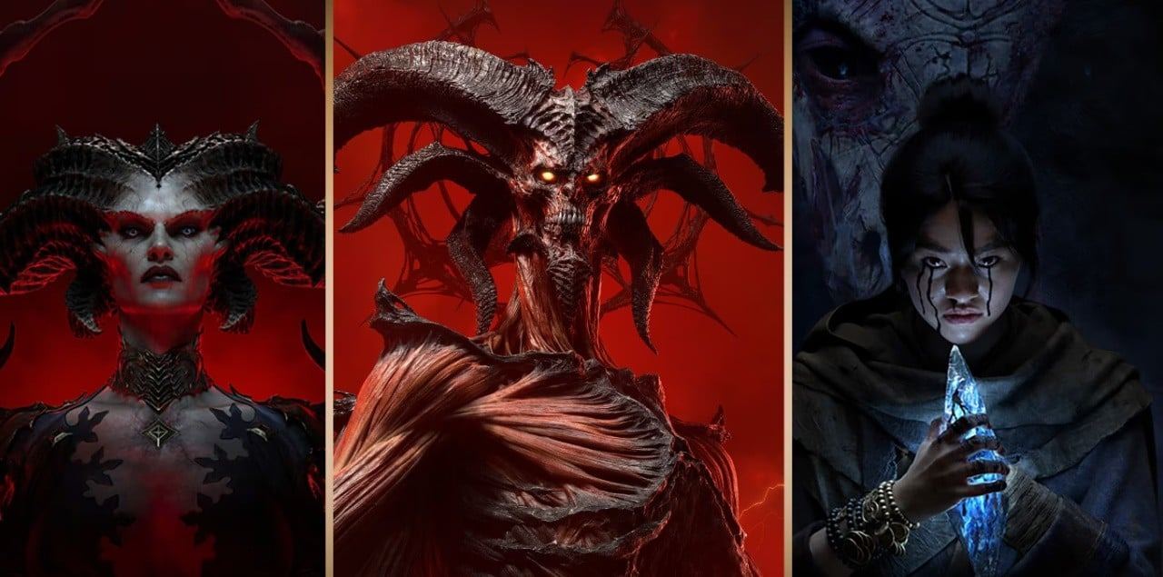 Tres paneles con los personajes principales de 'Diablo IV'
