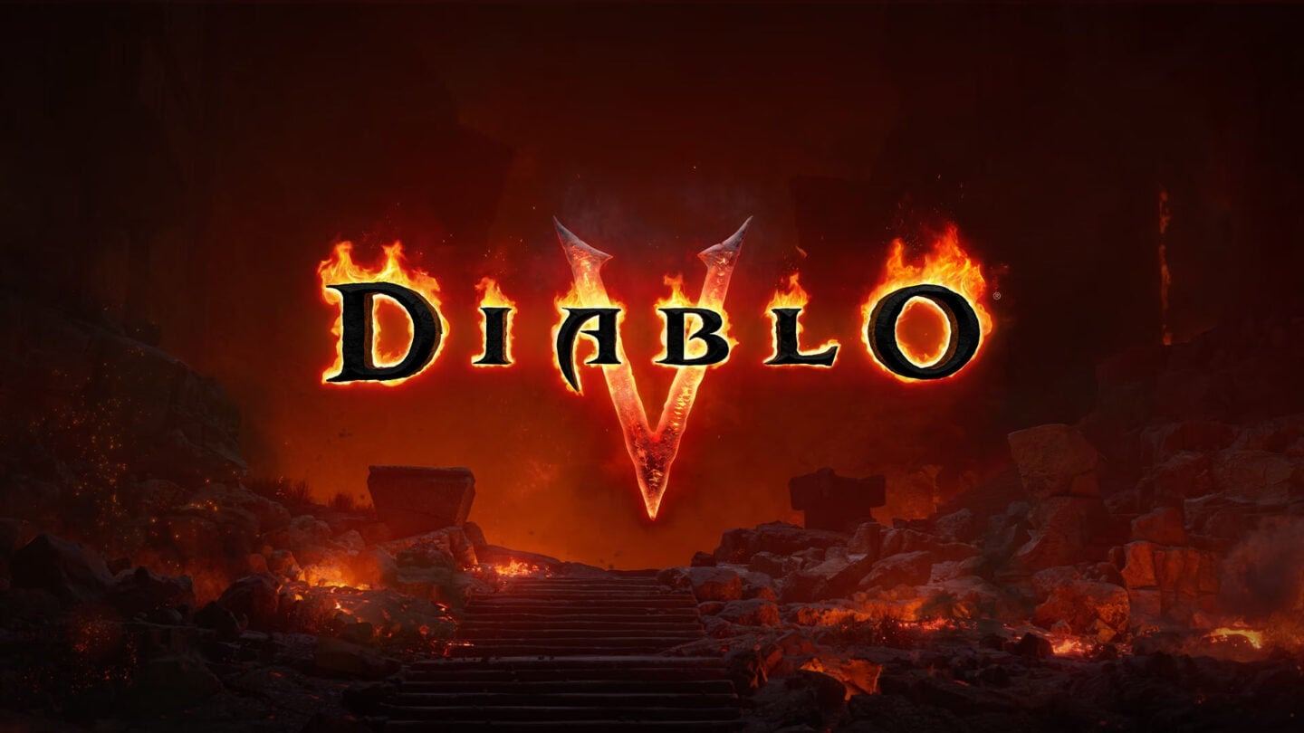 Logotipo oficial de 'Diablo V' en letras negras envueltas en llamas, con la V formada por dos cuernos, sobre una escalinata de piedra rota y rocas incandescentes en tonos rojos