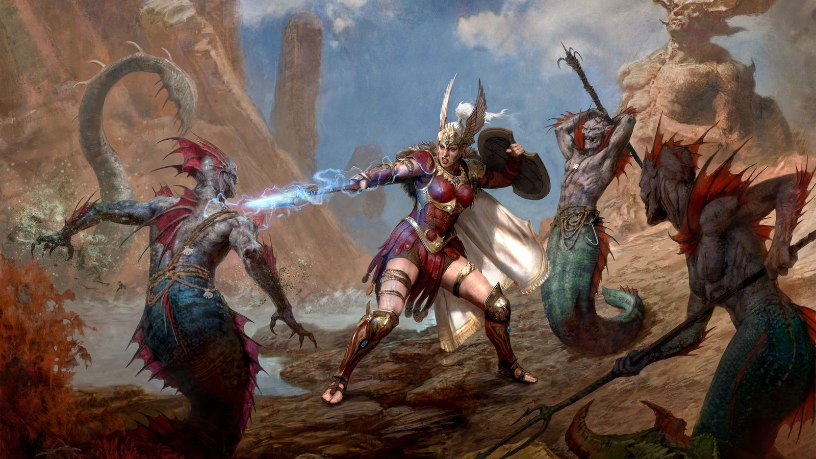 La Amazona de 'Diablo IV', con armadura roja y casco alado, lanza un rayo con su jabalina contra varios demonios en un cañón desértico