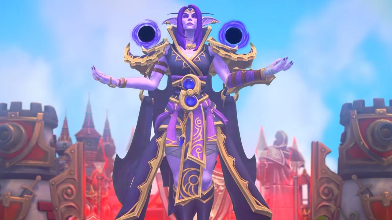 Xal'atath, elfa de piel morada con túnica negra y dorada, flota con dos esferas oscuras sobre las manos en un mapa de 'Heroes of the Storm'