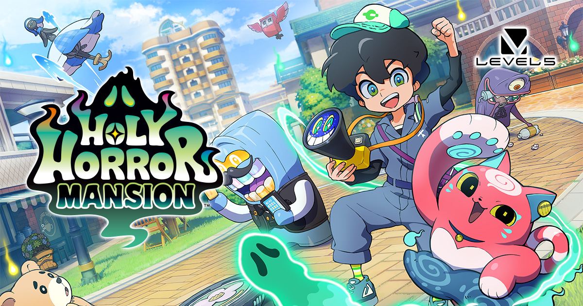 Arte promocional de 'Holy Horror Mansion': el protagonista corre por una calle con la cámara de fantasmas colgada al cuello, acompañado de varios espíritus con forma de objeto y de un gato rosa, junto al logotipo del juego.