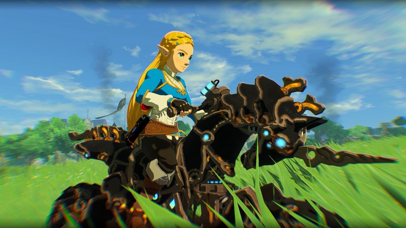 Link y las cuatro sacerdotisas de Hyrule cargando contra una horda de enemigos en un campo de batalla, con la estética de Breath of the Wild.