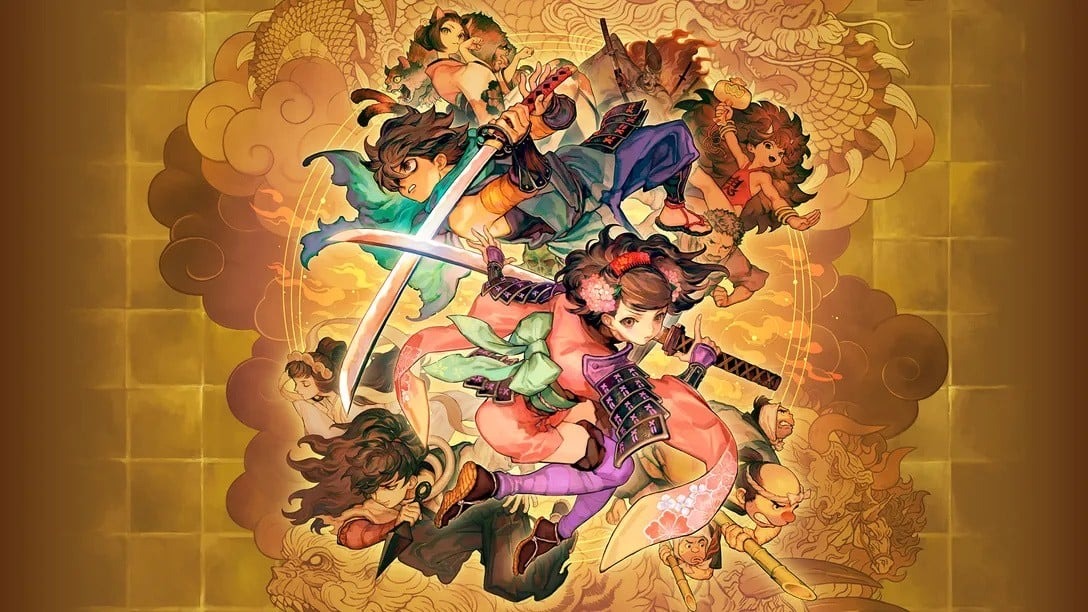 Ilustración de estilo pictórico japonés en 2D con una guerrera de kimono blandiendo una katana en un paisaje de montañas y árboles pintados a mano.