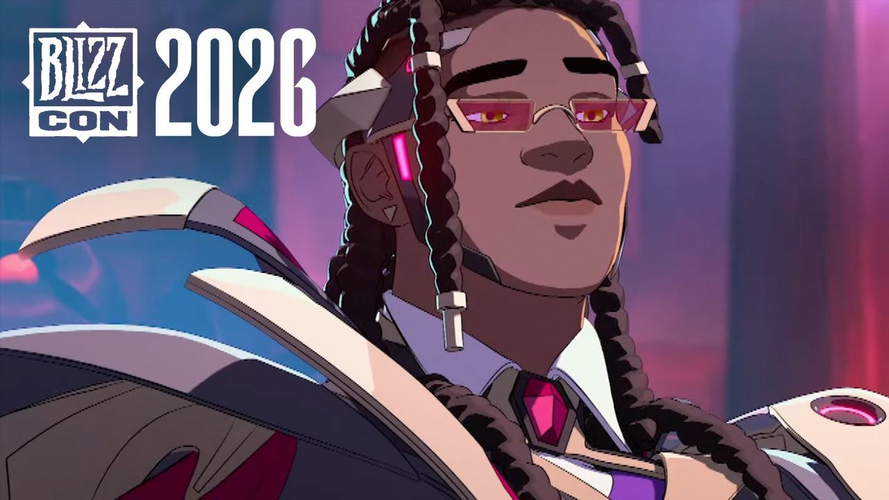 Ilustración animada del nuevo héroe: un hombre joven de trenzas largas con adornos metálicos y gafas de sol rosadas, con traje blanco, morado y granate y una guadaña blanca al hombro, en una calle nocturna con luces de neón, con el rótulo de BlizzCon 2026 en la esquina superior izquierda