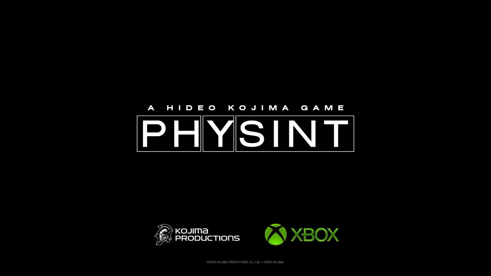 Logotipo de PHYSINT sobre fondo oscuro, con la silueta de una figura armada recortada a contraluz y el sello de Kojima Productions en una esquina.