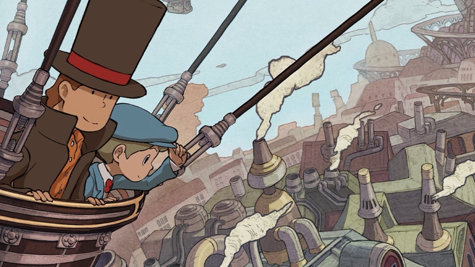 El profesor Layton, con chistera y abrigo largo, y el joven Luke observan una avenida de una ciudad industrial con tuberías, engranajes y columnas de vapor saliendo de los tejados.