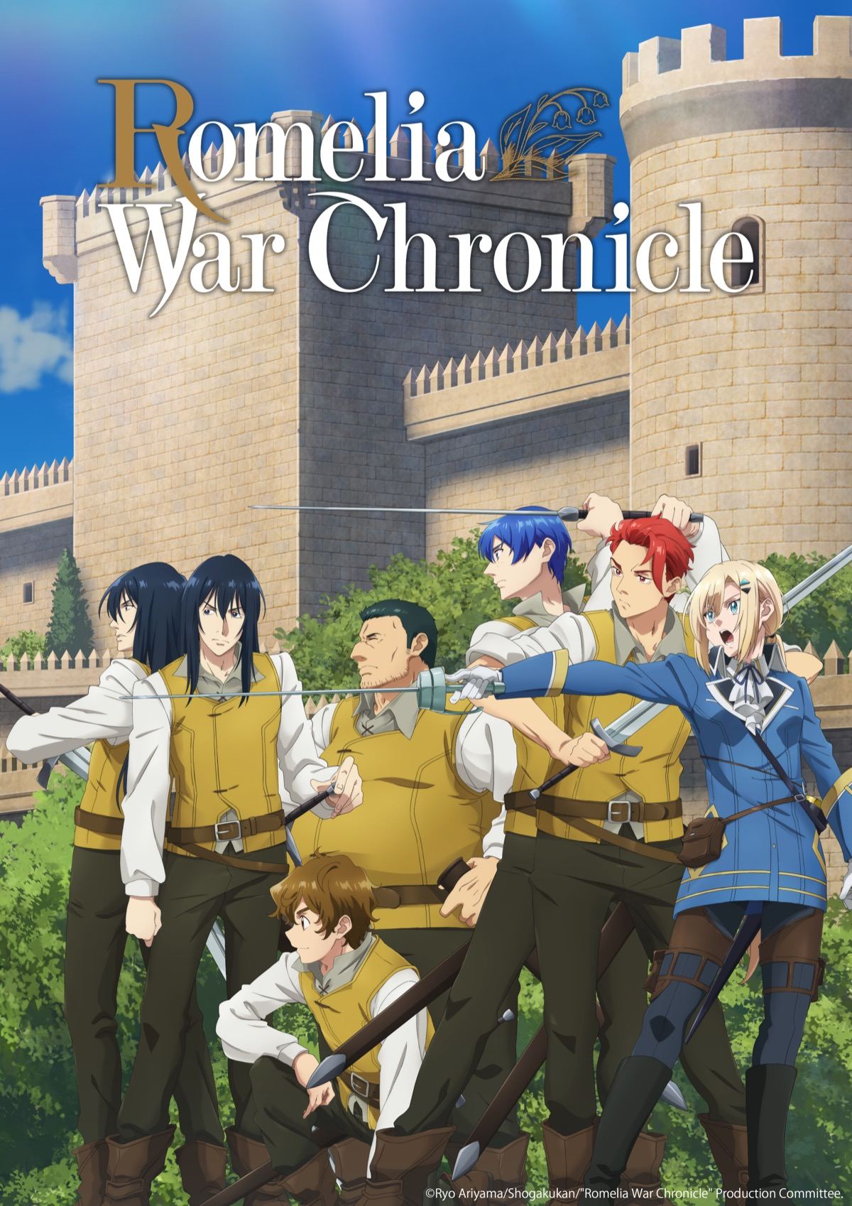 Nuevo cartel de la serie: Romelia, de uniforme azul, espada en mano y gritando órdenes, rodeada de seis reclutas con chaleco amarillo ante los muros de un castillo