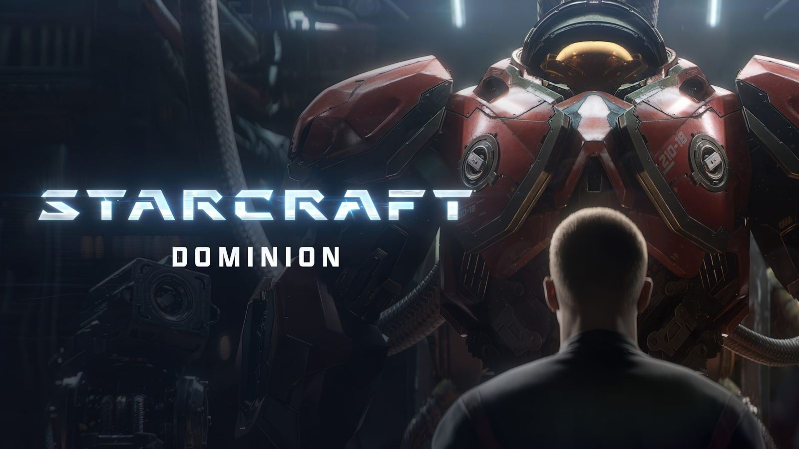Arte del teaser: un hombre de espaldas y cabeza rapada mira de frente una enorme armadura de combate roja con visor dorado en un hangar oscuro, con el título STARCRAFT y la palabra DOMINION a la izquierda