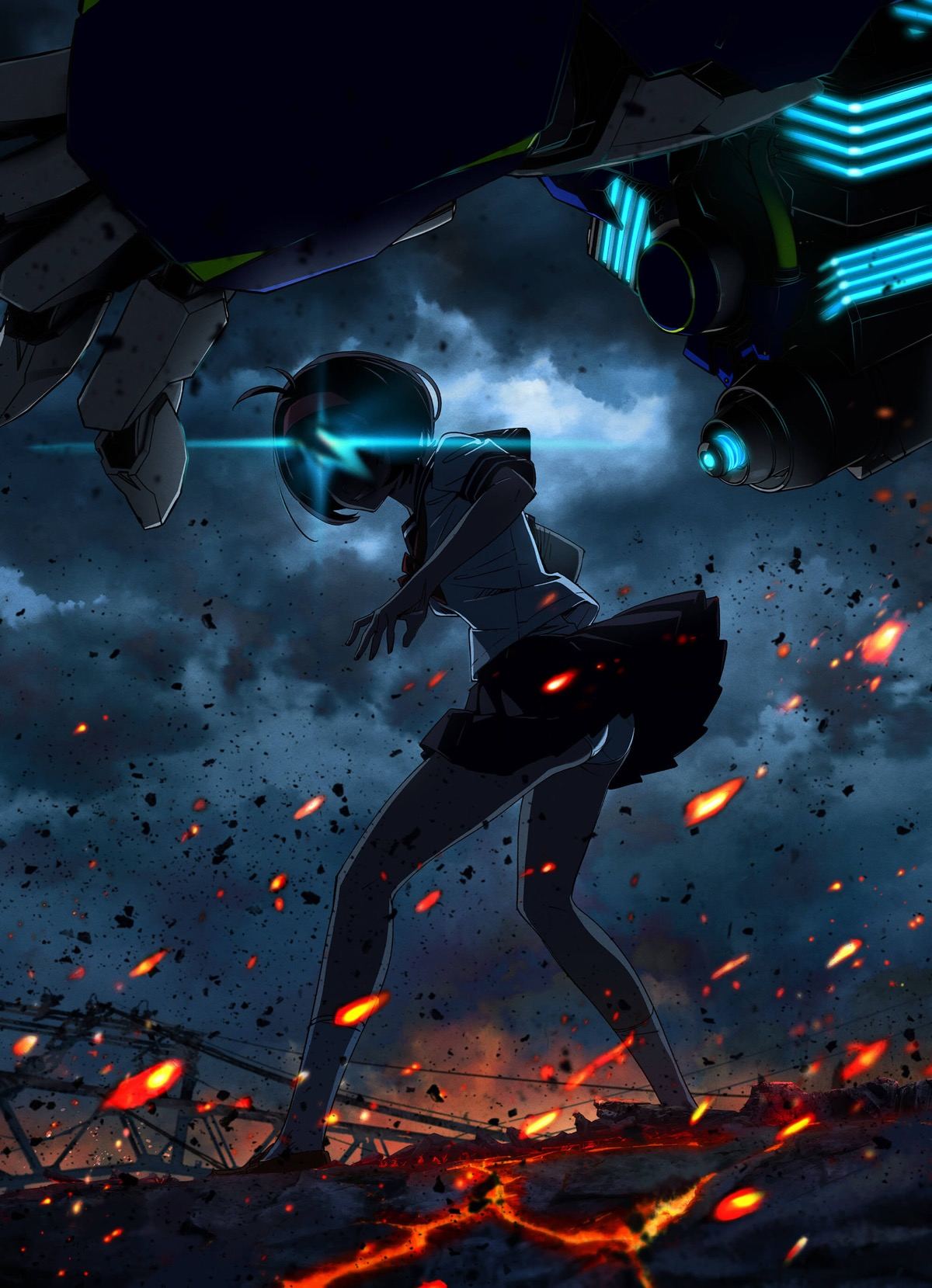 Primer cartel del anime: una chica de uniforme escolar con un visor luminoso azul, encorvada entre escombros ardiendo mientras un mecha oscuro se cierne sobre ella