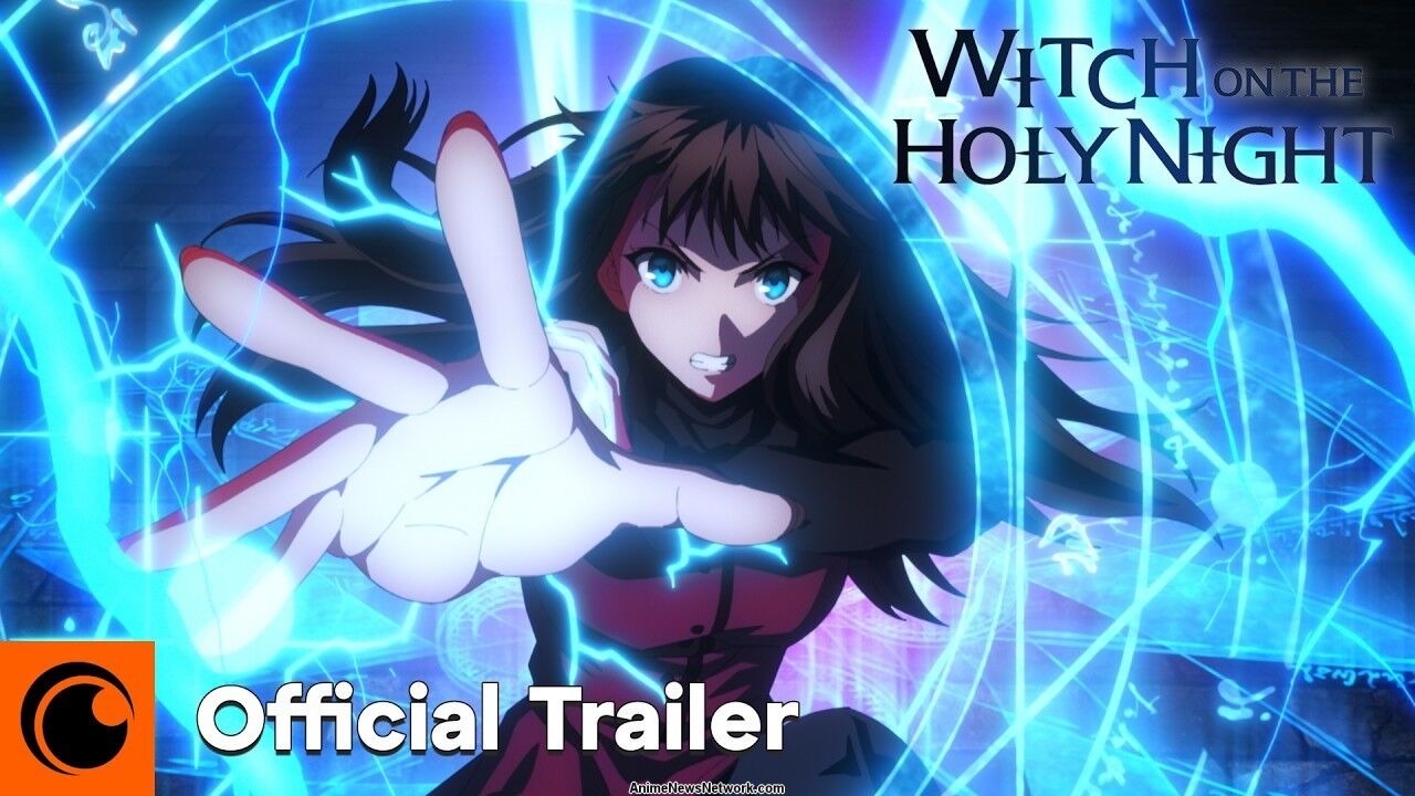 Fotograma de animación de ufotable con dos jóvenes brujas en una mansión de noche, iluminadas por una luz azulada.