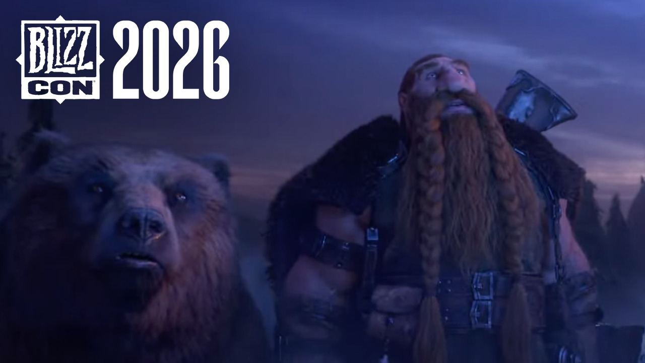 Fotograma del cinemático: un enano de larga barba pelirroja trenzada y hacha al hombro mira hacia arriba junto a un oso pardo, en un paisaje de bosque al anochecer, con el rótulo de BlizzCon 2026 en la esquina superior izquierda